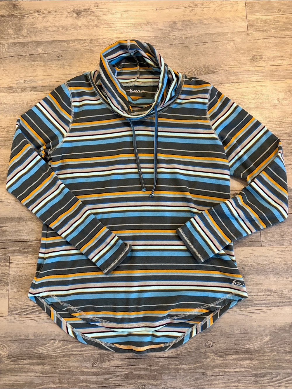 Kavu Women's Striped Cowl Neck Pullover - Blue, Yellow, Gray